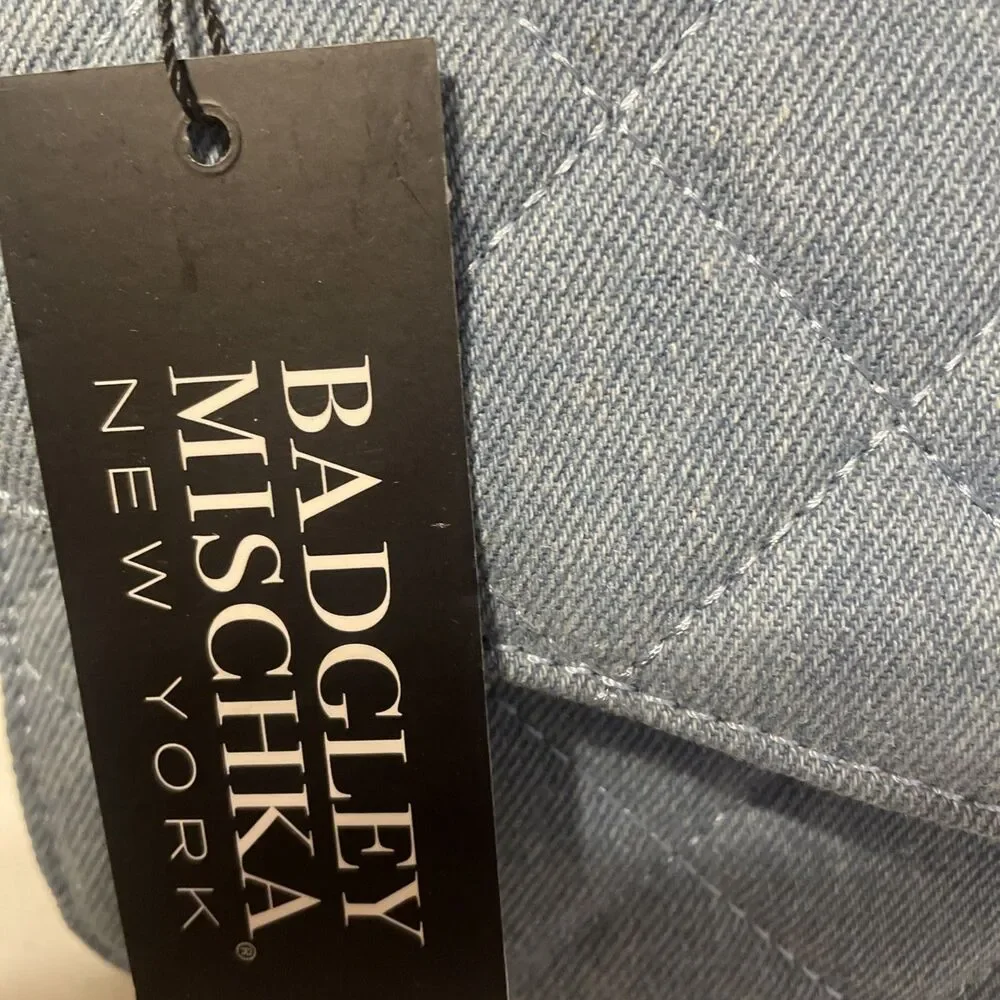 Badgley Mischka Quilted Blue Denim Crossbody Hand Bag Purse Gold Chain